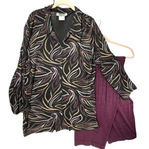 Vtg Slinky Brand Womens Tunic Pants Set Black Purple Swirls Sparkly 2 pc USA